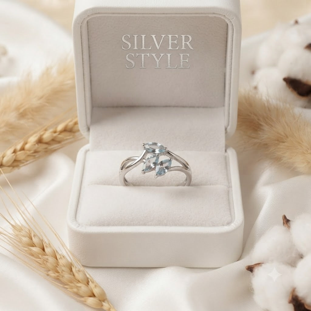 Three Stone Blue Topaz Ring in Authentic 925 Sterling Silver