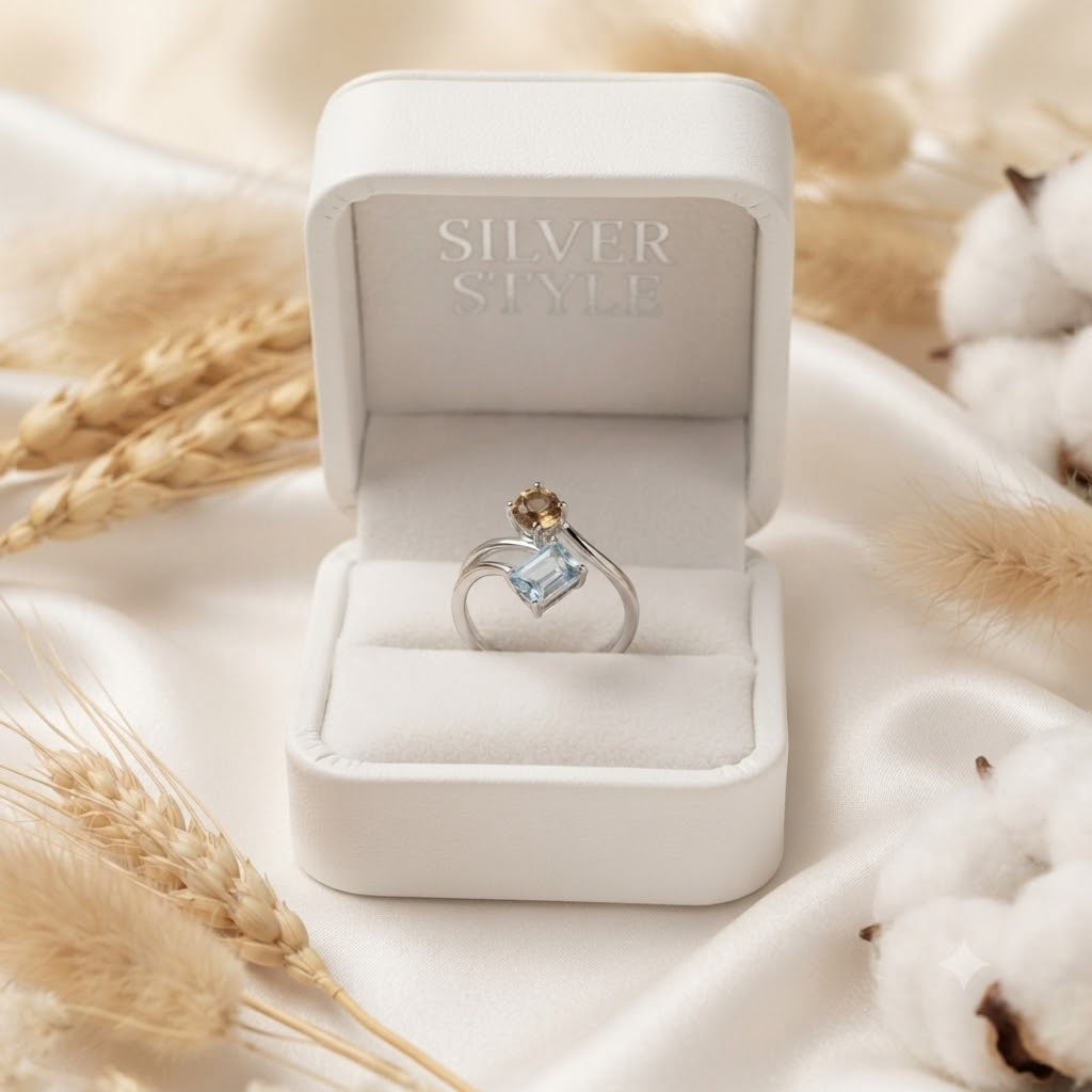 Blue Topaz & Citrine Bypass Ring in Authentic 925 Sterling Silver