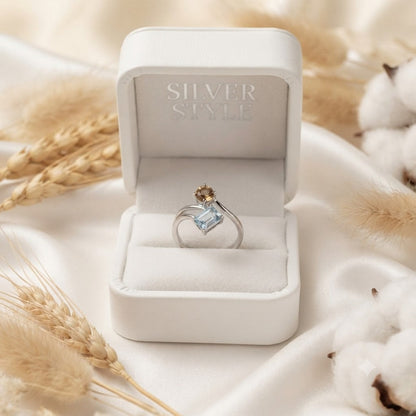 Blue Topaz & Citrine Bypass Ring in Authentic 925 Sterling Silver