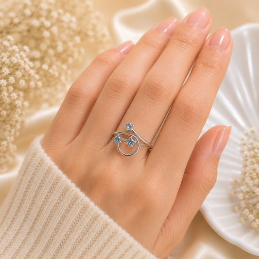Triple Blue Topaz Bypass Ring in Authentic 925 Sterling Silver