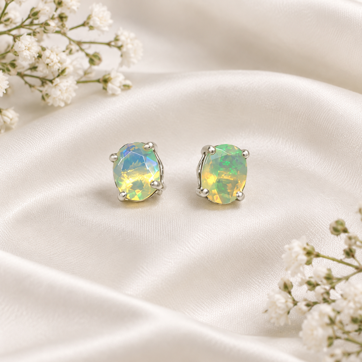 White Opal stud earrings in 925 sterling silver by Silver Style