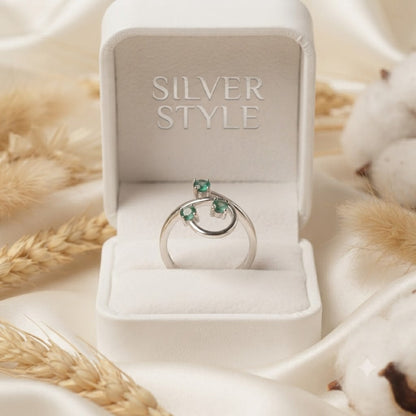 Triple Emerald Spiral Ring crafted in 925 Sterling Silver with three green Emerald gemstones