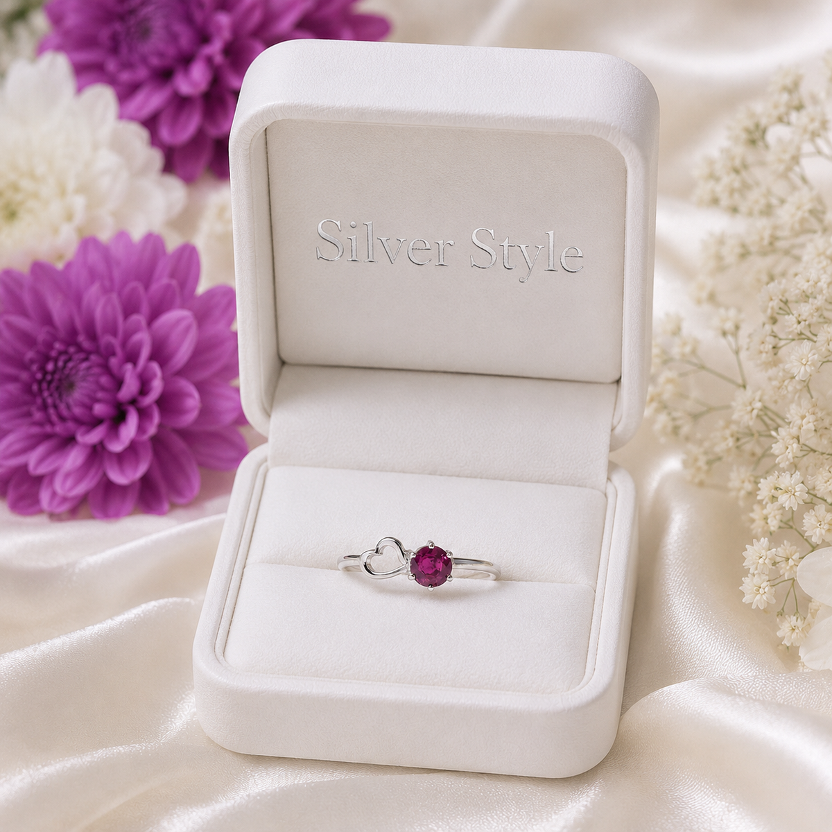 Round-Cut Ruby Ring with Heart Detail in 925 Sterling Silver