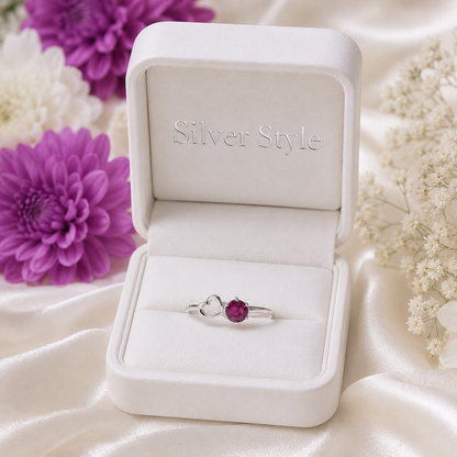 Round-Cut Ruby Ring with Heart Detail in 925 Sterling Silver