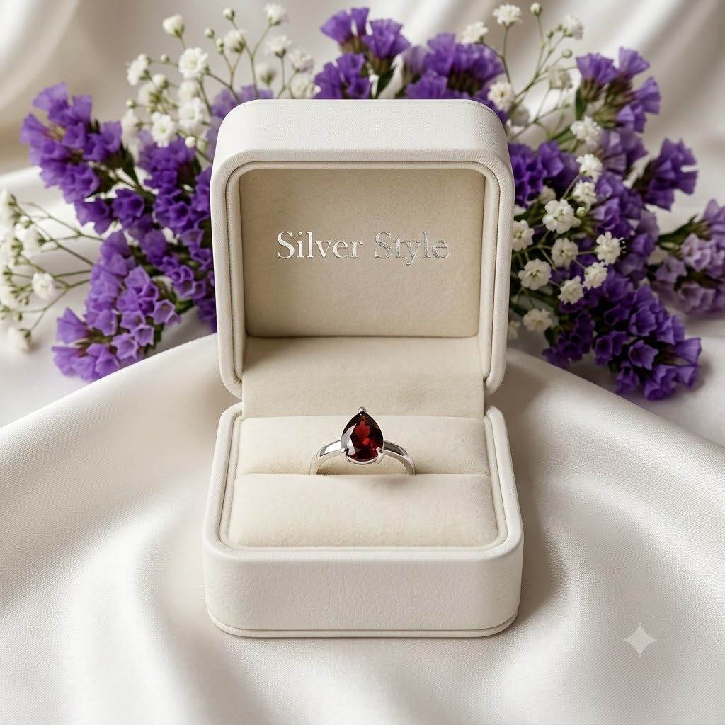 Pear Garnet Ring in Authentic 925 Sterling Silver