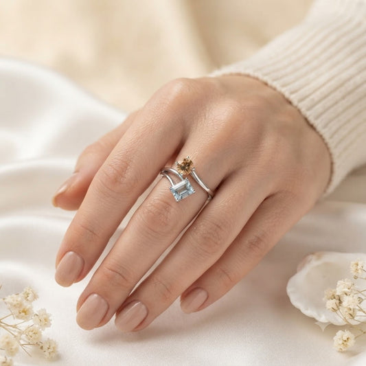 Blue Topaz & Citrine Bypass Ring in Authentic 925 Sterling Silver
