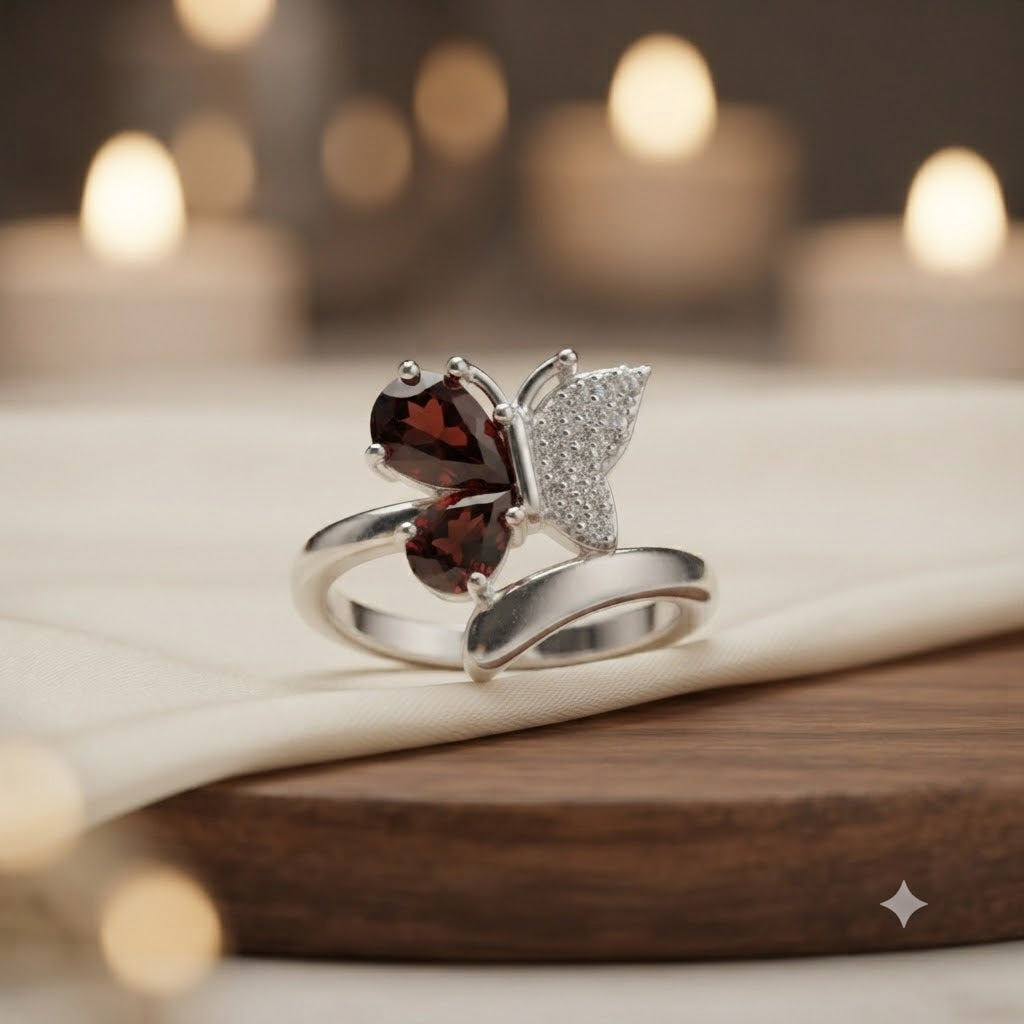 Butterfly Garnet Ring 925 Sterling Silver