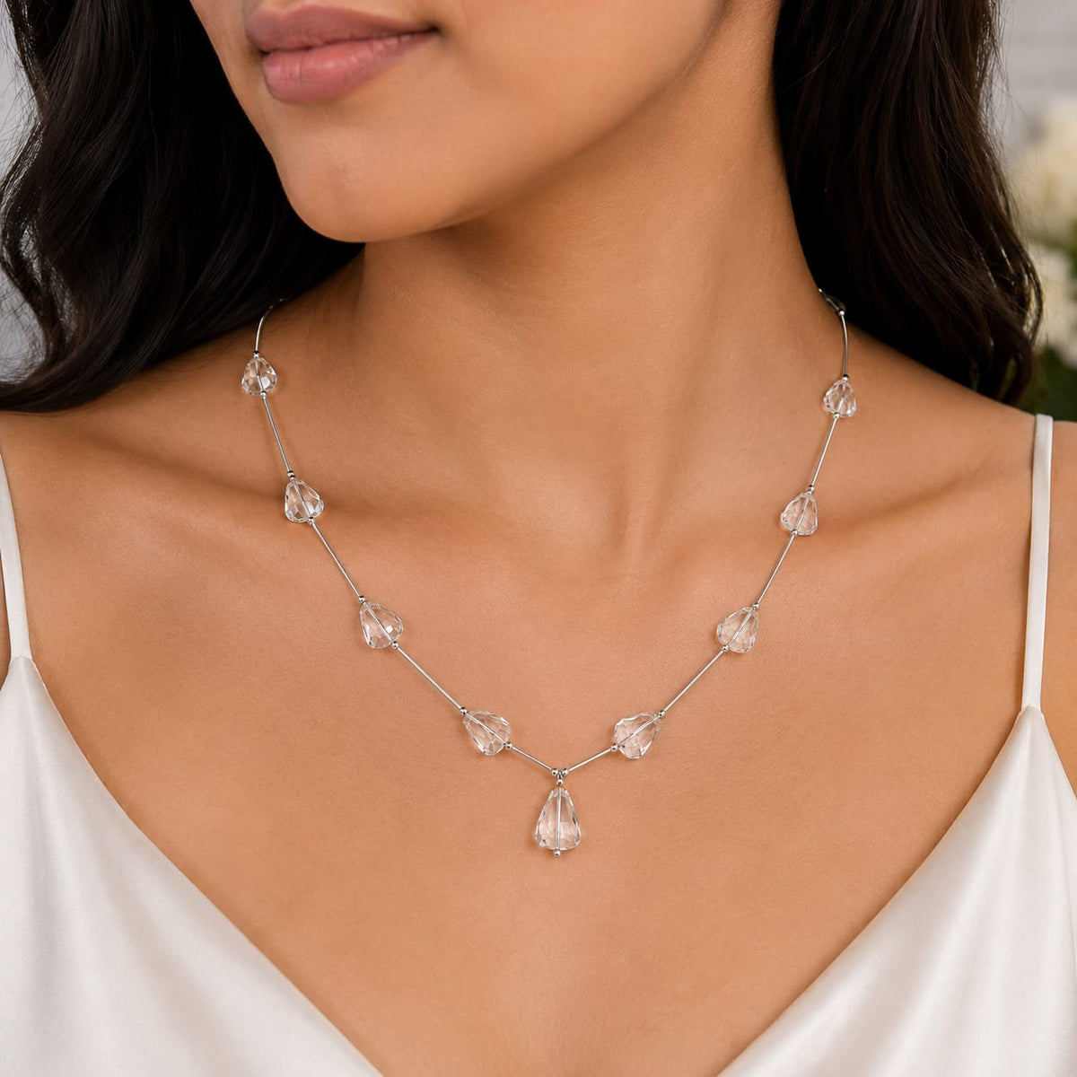 Clear Quartz Bar Drop Necklace in 925 Sterling Silver with crystal drops
