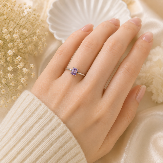 Emerald Cut Amethyst Ring in 925 Sterling Silver featuring a rectangular purple gemstone