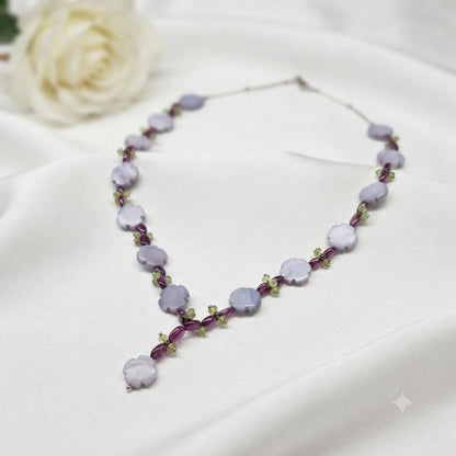 Amethyst and Peridot Flower Y Necklace in 925 Sterling Silver with carved flower beads