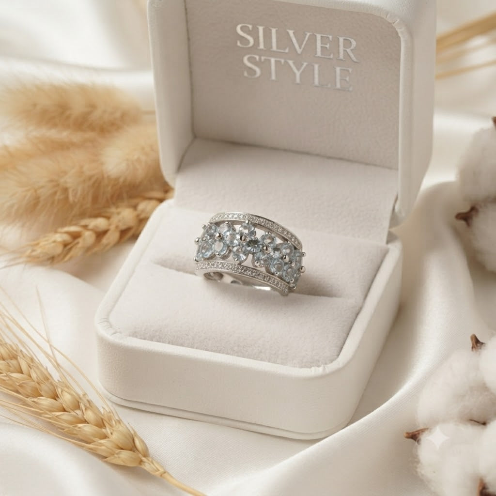 Floral Blue Topaz Band Ring in Authentic 925 Sterling Silver