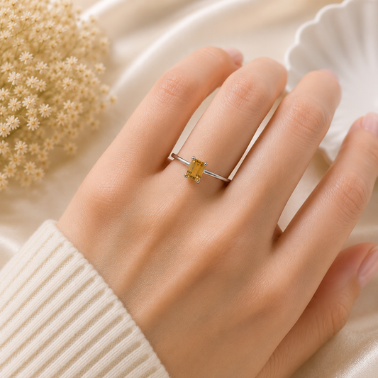 Emerald Cut Citrine Ring in Authentic 925 Sterling Silver