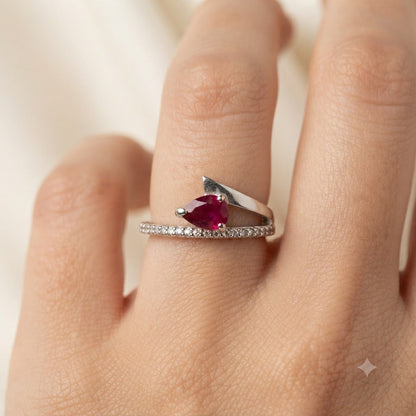Pear-Cut Ruby and Pave Bypass Ring in 925 Sterling Silver