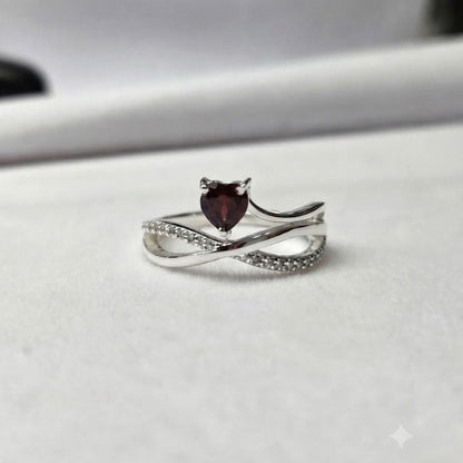Red Garnet Heart Infinity Ring in 925 Sterling Silver