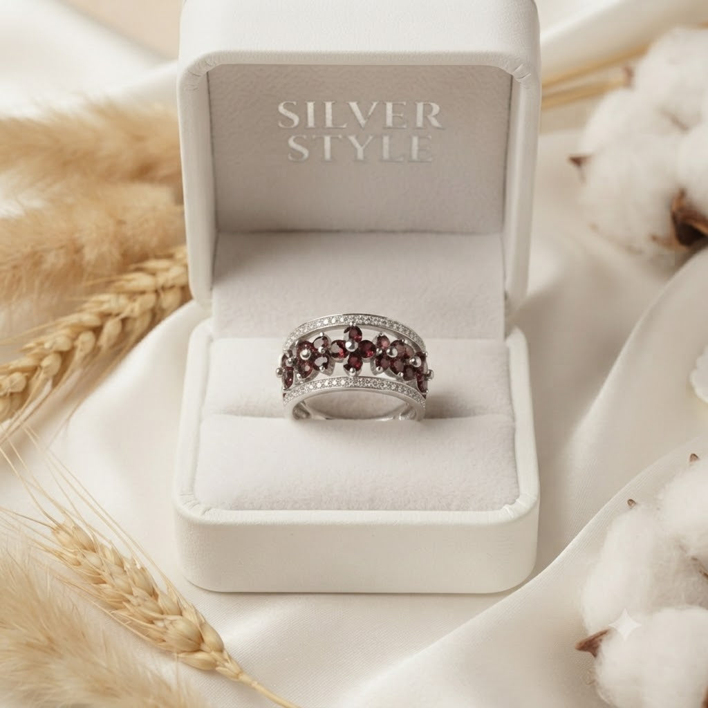 Red Garnet Flower Band Ring in 925 Sterling Silver
