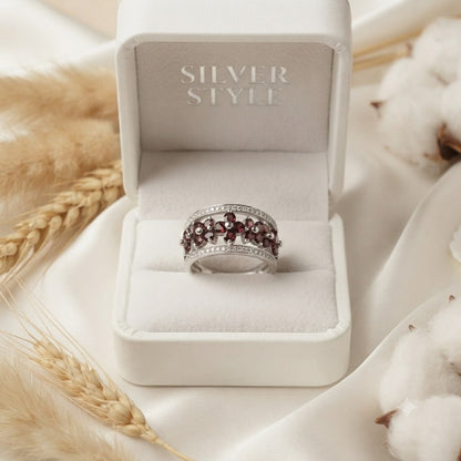 Red Garnet Flower Band Ring in 925 Sterling Silver
