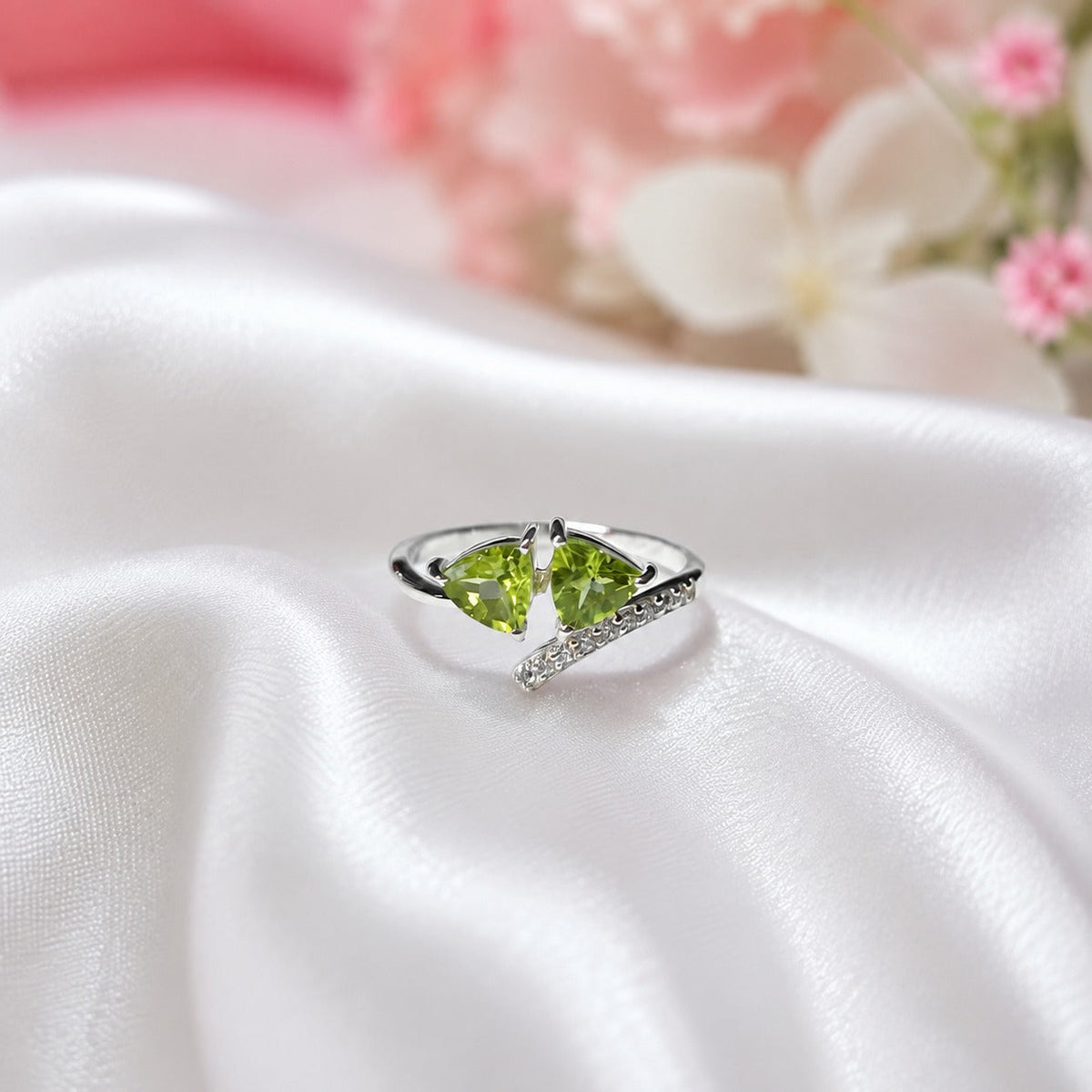 Twin Trillion Peridot Bypass Ring in 925 Sterling Silver