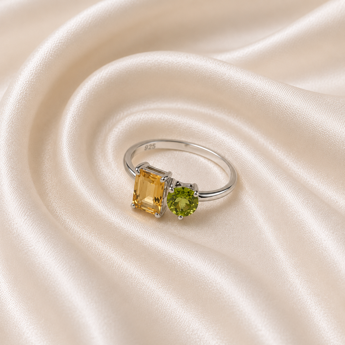 Citrine Peridot Duo Ring in Authentic 925 Sterling Silver