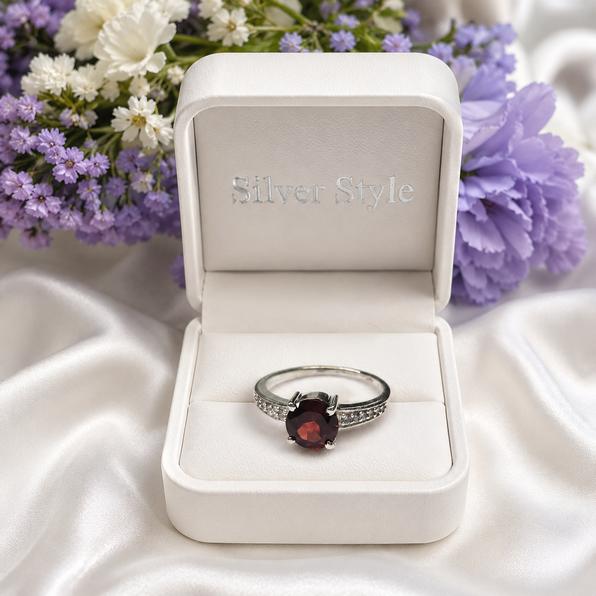 Pave Garnet Ring in Authentic 925 Sterling Silver