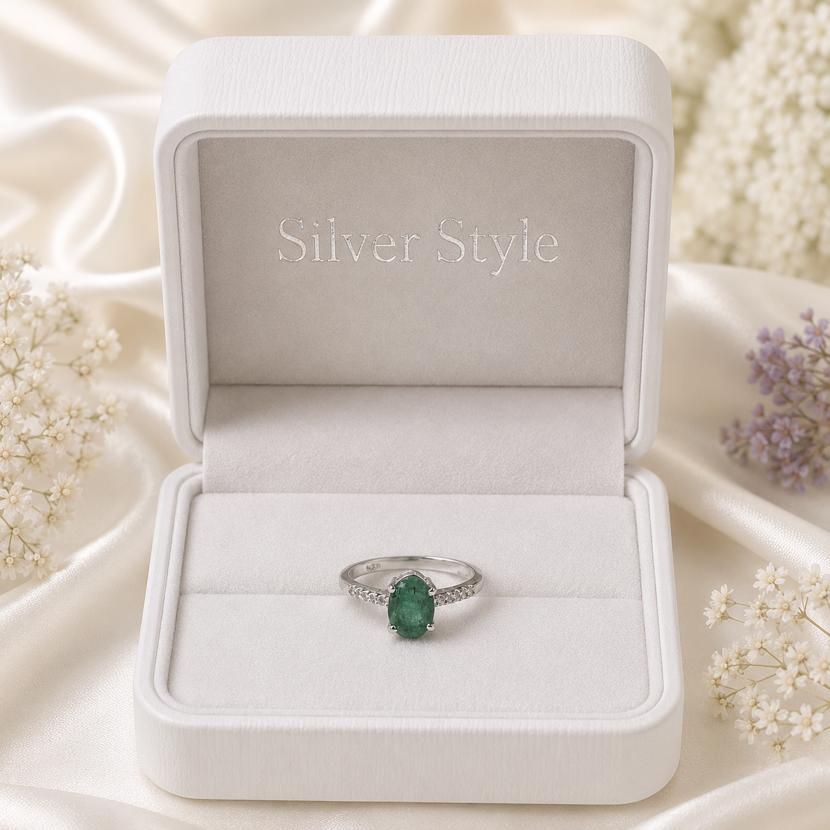 Oval Emerald Solitaire Ring crafted in 925 Sterling Silver with a green oval cut Emerald gemstone and side accents.