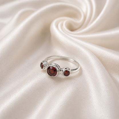 Red Garnet Three Stone Ring in 925 Sterling Silver