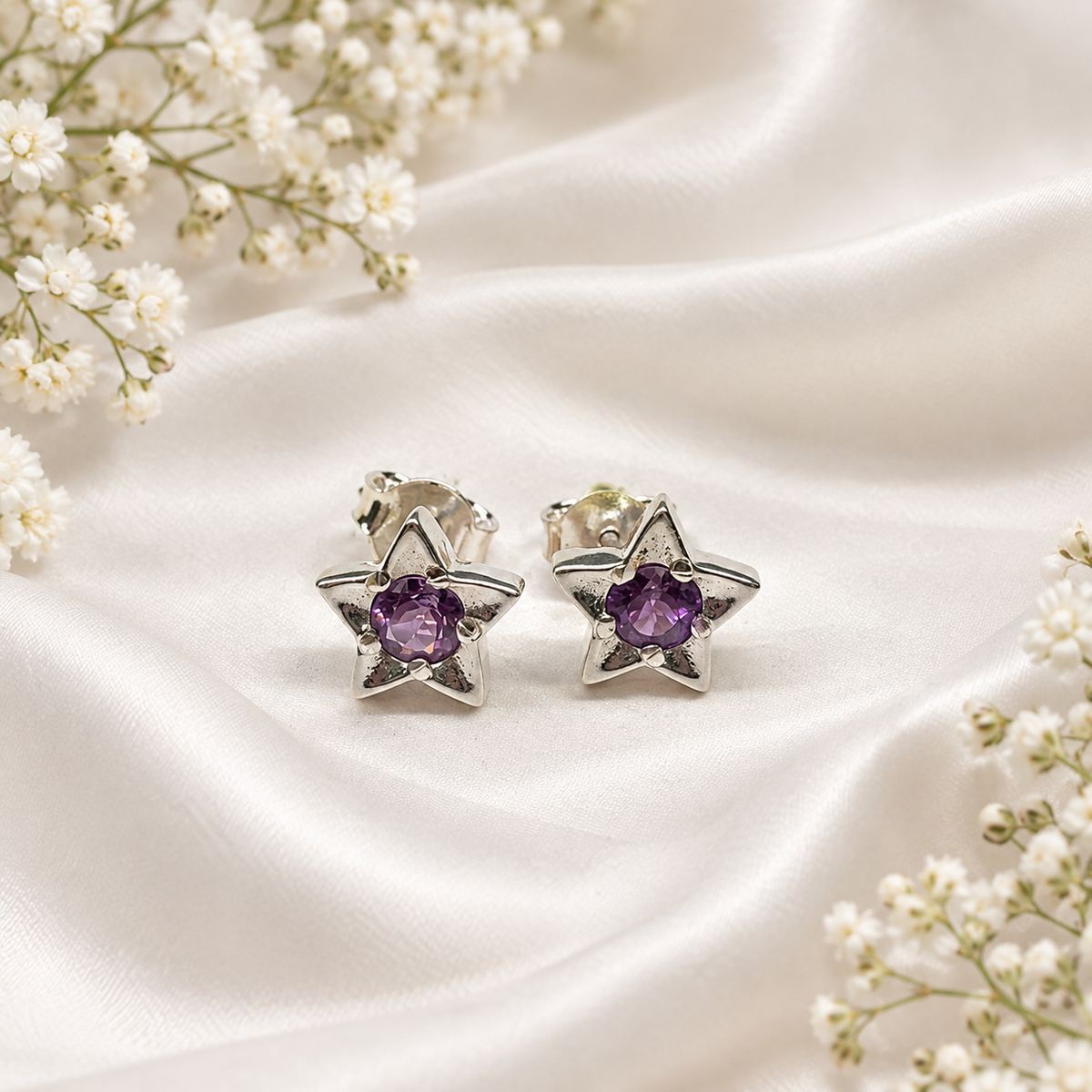 Amethyst star stud earrings in 925 sterling silver by Silver Style