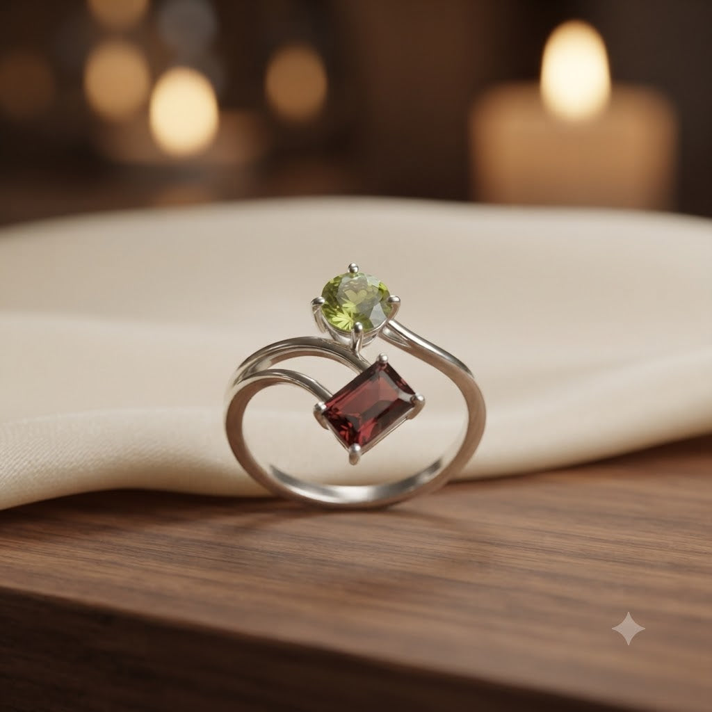 Garnet and Peridot Bypass Ring in 925 Sterling Silver