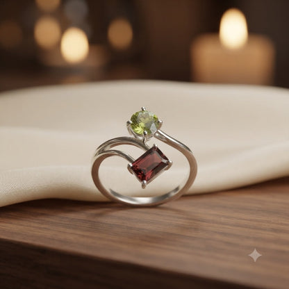 Garnet and Peridot Bypass Ring in 925 Sterling Silver