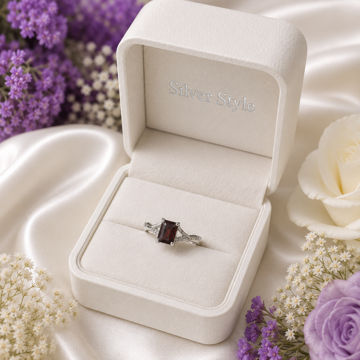 Red Garnet Emerald Cut Ring in 925 Sterling Silver