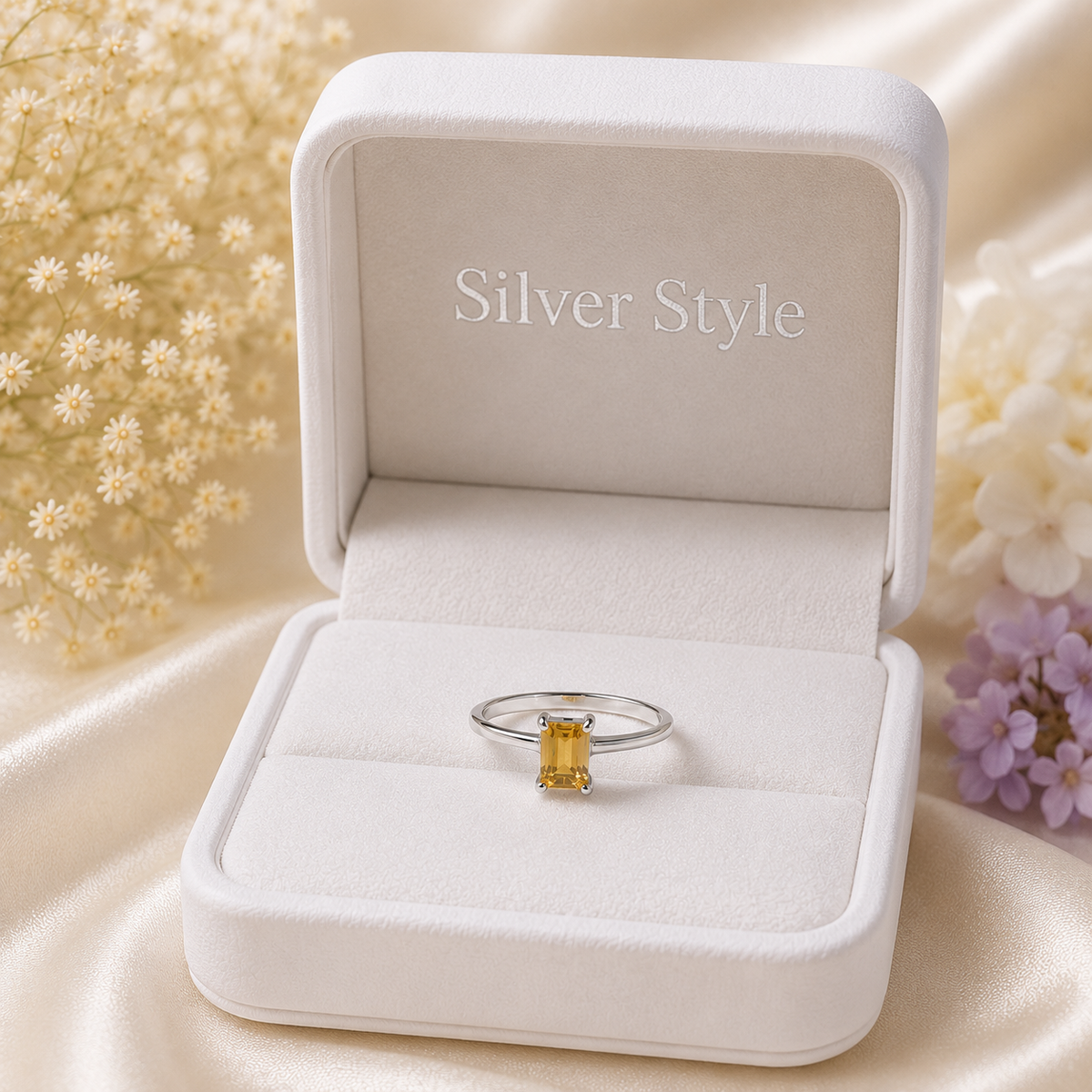 Emerald Cut Citrine Ring in Authentic 925 Sterling Silver