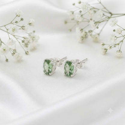 Green Tourmaline stud earrings in 925 sterling silver with oval gemstones