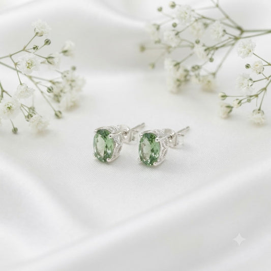 Green Tourmaline stud earrings in 925 sterling silver with oval gemstones