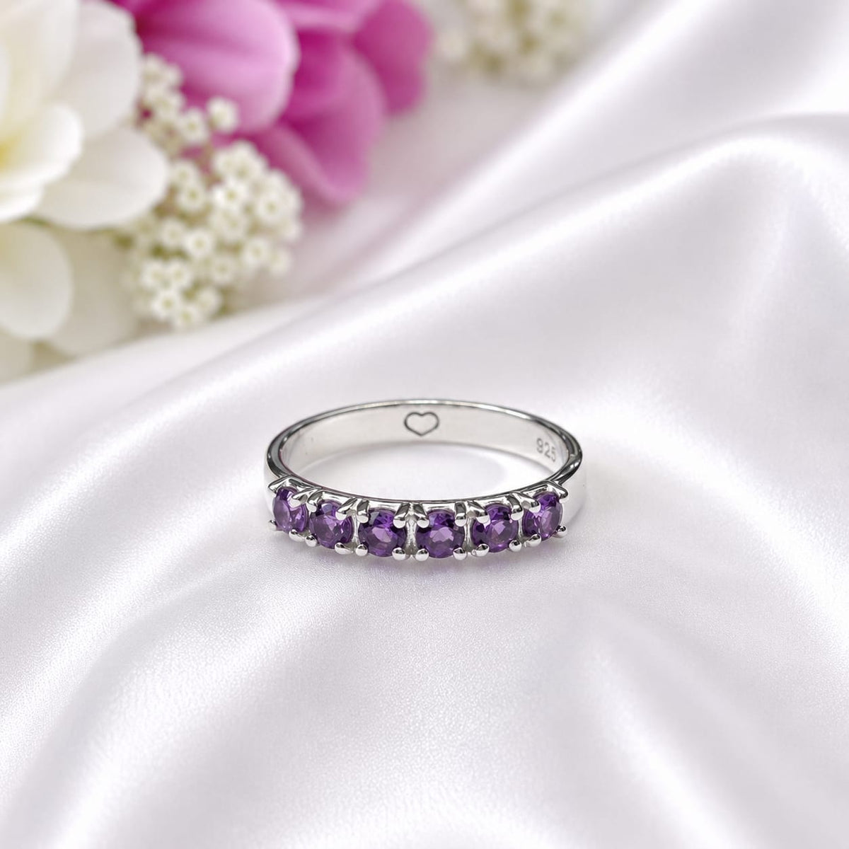 Amethyst Half Eternity Ring in Authentic 925 Sterling Silver for Women