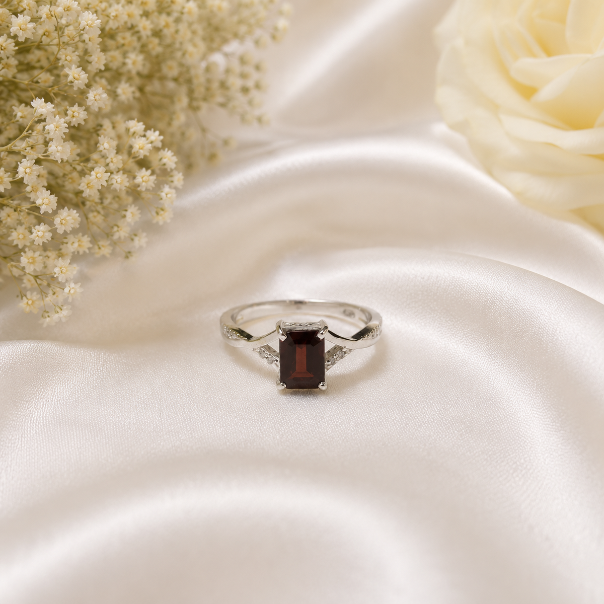Red Garnet Emerald Cut Ring in 925 Sterling Silver