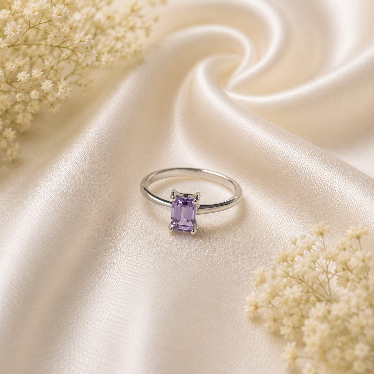 Emerald Cut Amethyst Ring in 925 Sterling Silver featuring a rectangular purple gemstone