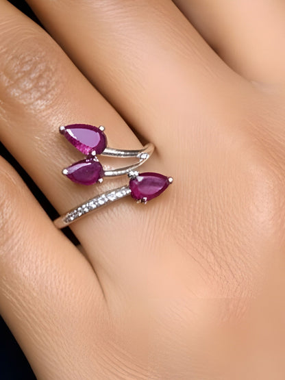 Triple Pear-Cut Ruby Bypass Ring in 925 Sterling Silver