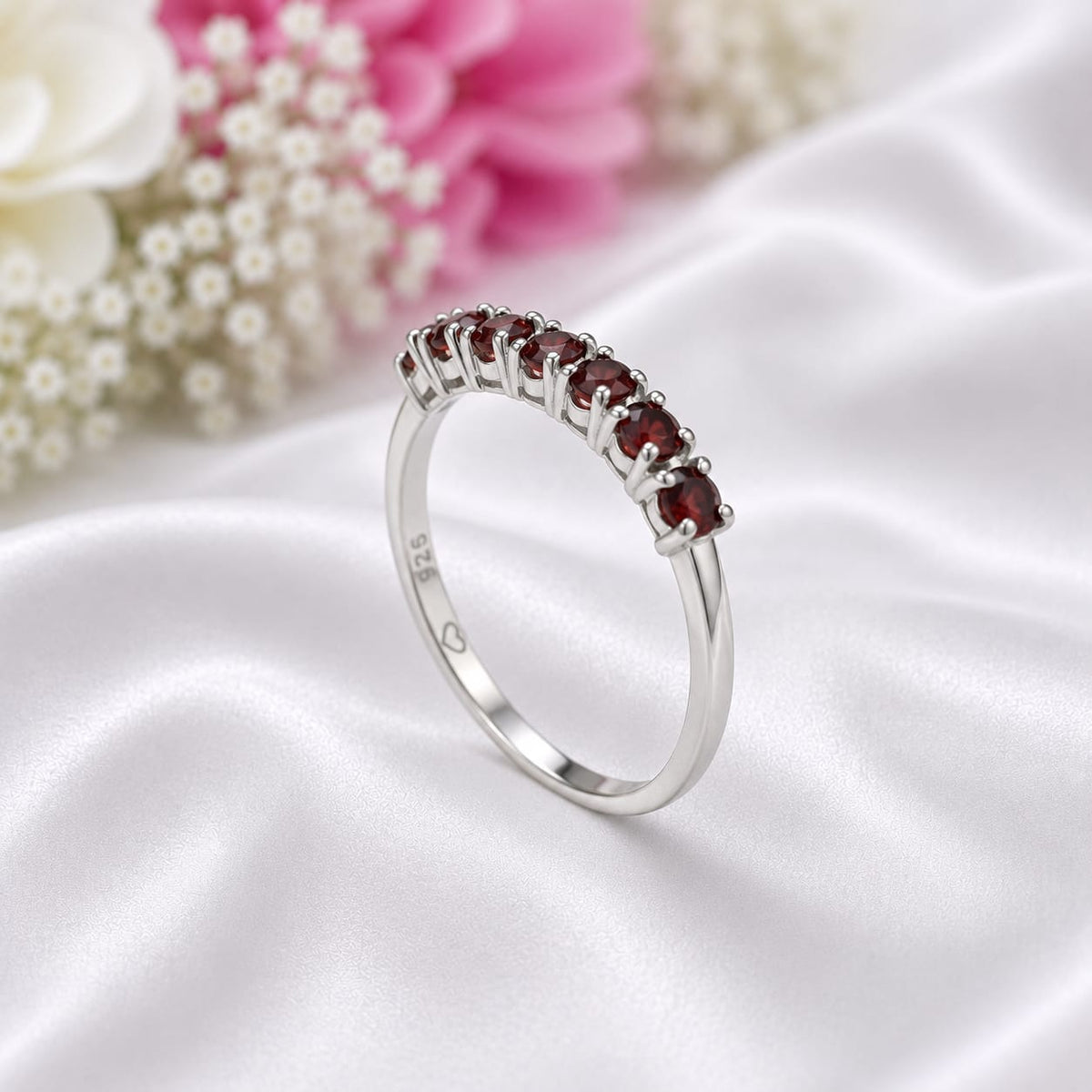 Garnet Band Ring in Authentic 925 Sterling Silver