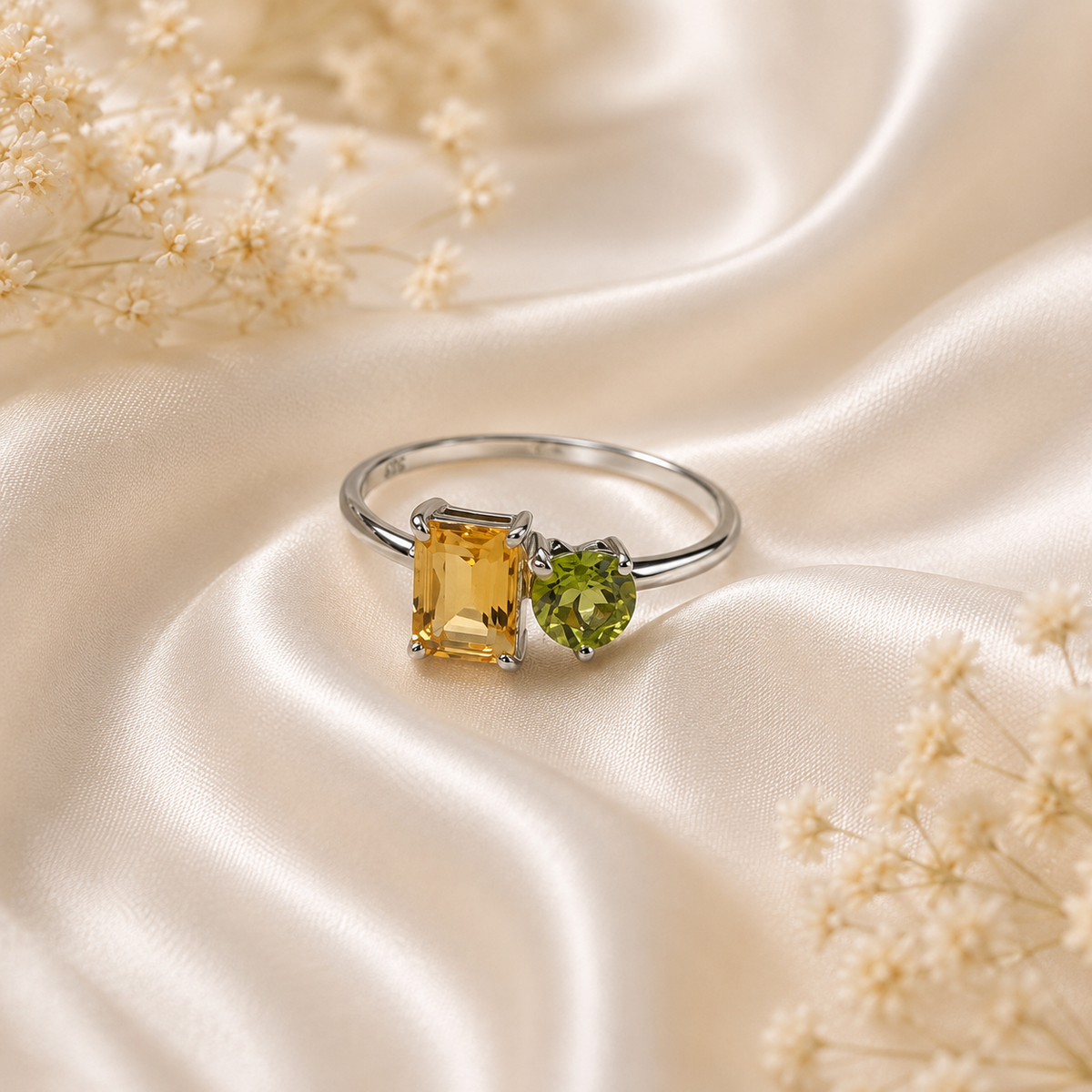 Citrine Peridot Duo Ring in Authentic 925 Sterling Silver