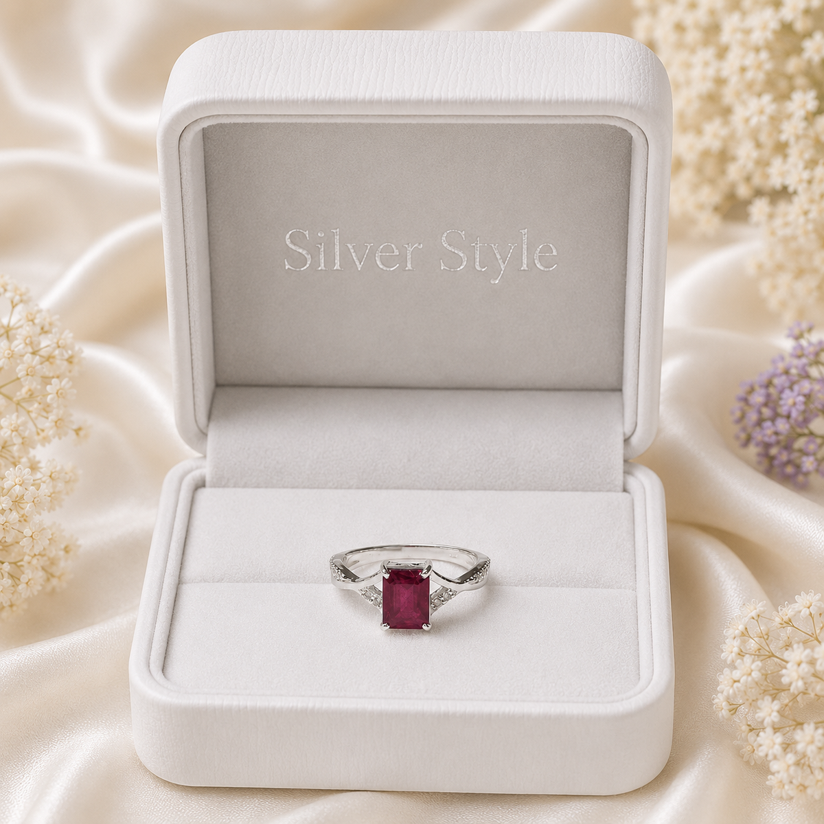 Emerald-Cut Ruby Ring with Accents in 925 Sterling Silver