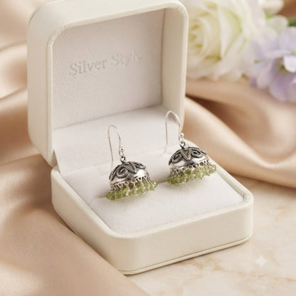 	Oxidised Peridot jhumka earrings with green gemstone bead drops in 925 Sterling Silver