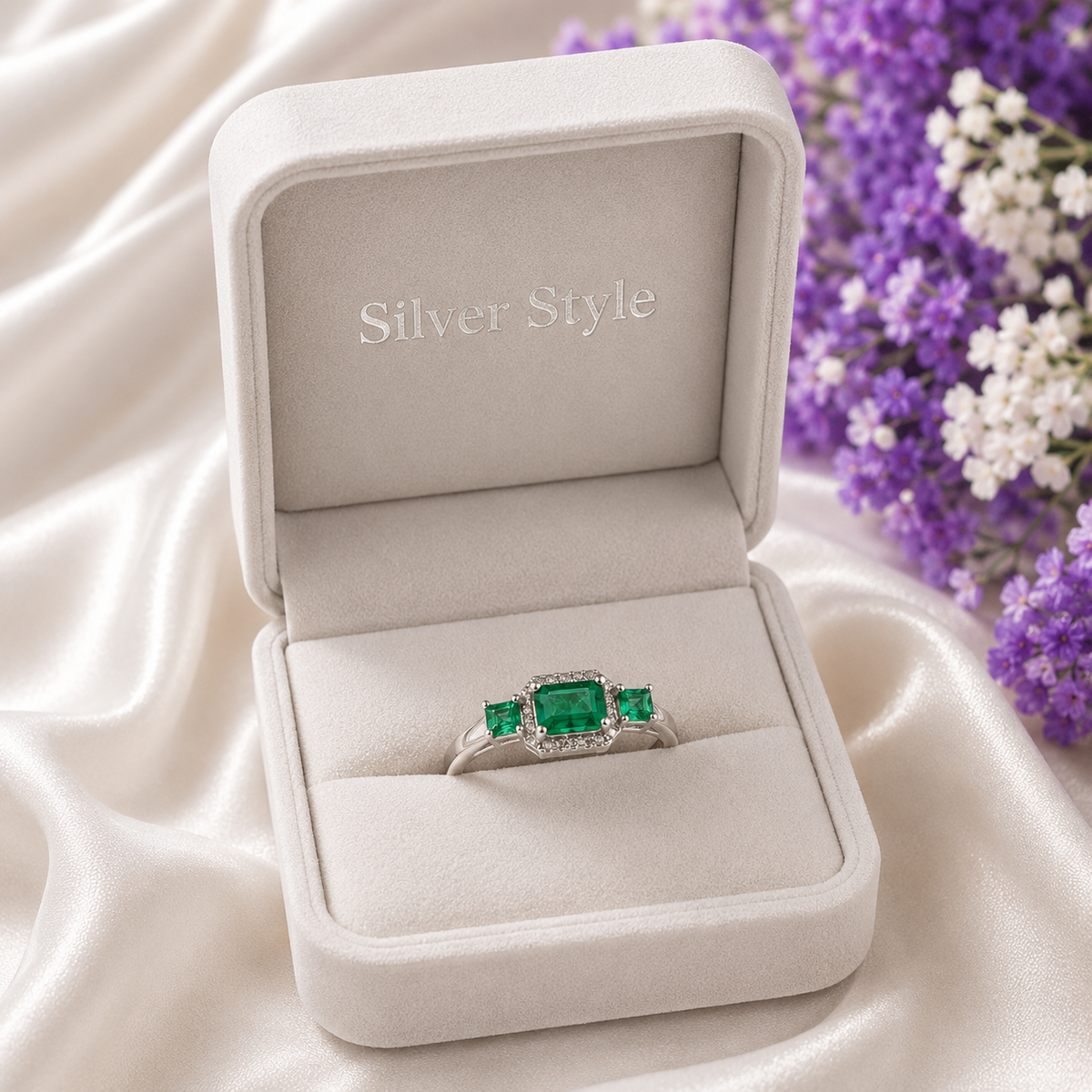 Three Stone Emerald Ring crafted in 925 Sterling Silver with three green Emerald gemstones.