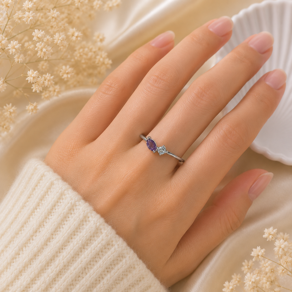 Twin Amethyst Ring in 925 Sterling Silver with a marquise purple gemstone and round white accent stone