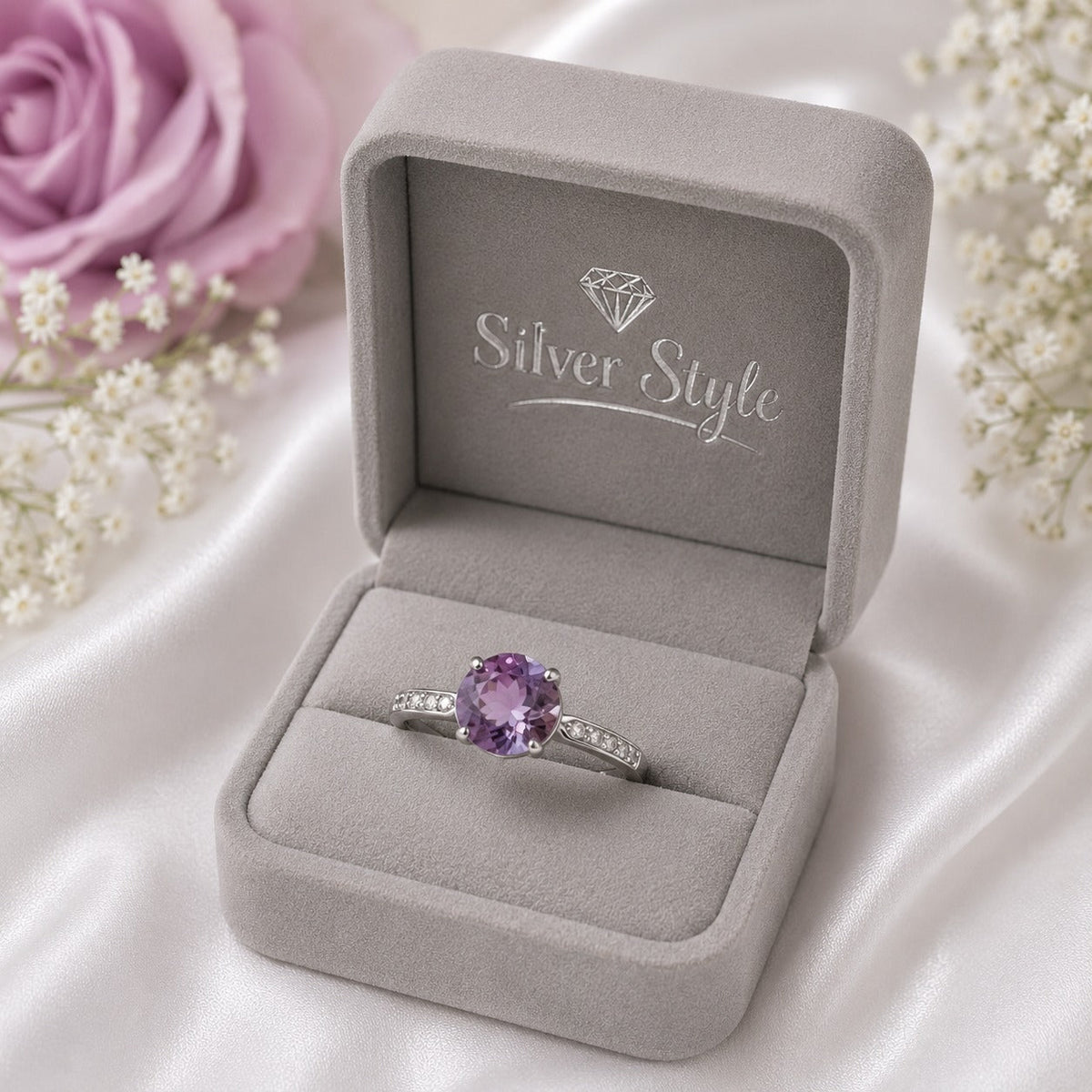 Round Amethyst Solitaire Ring in Authentic 925 Sterling Silver for Women