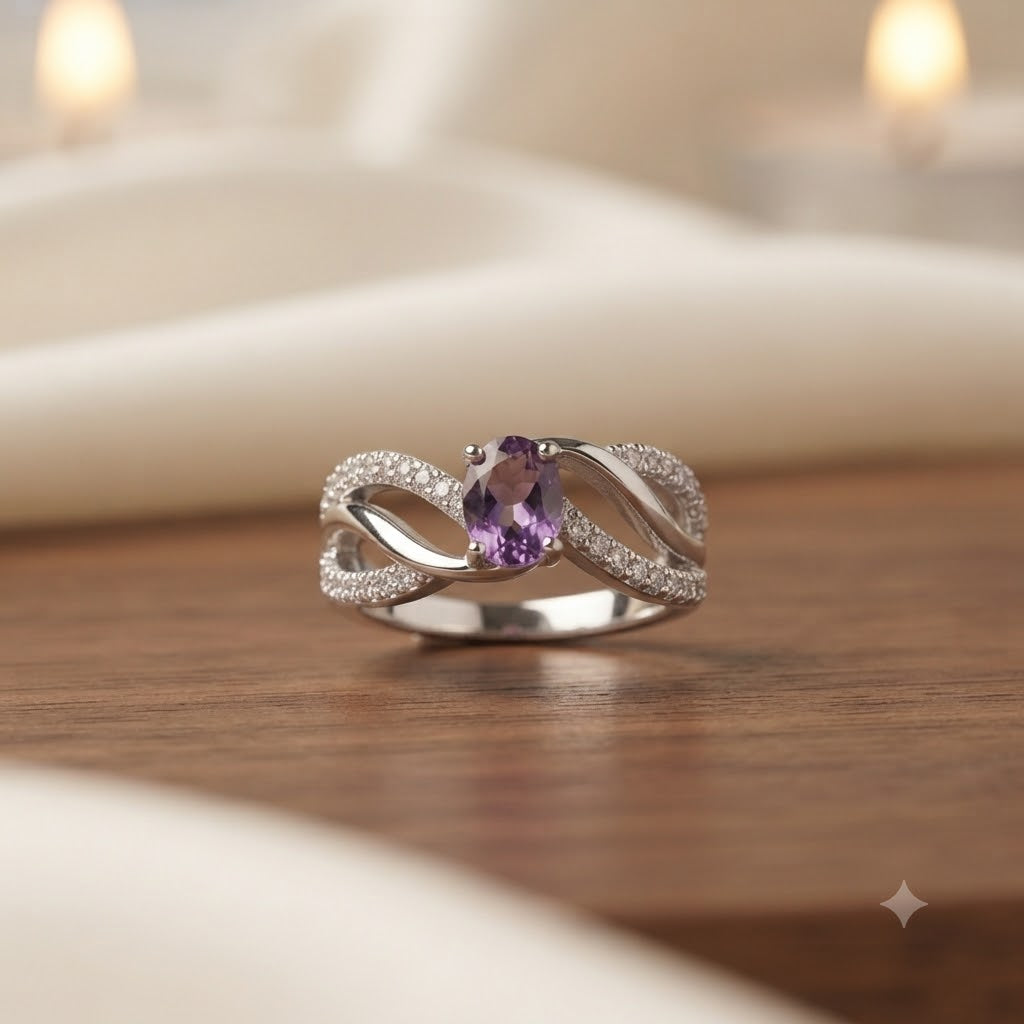 Bypass Amethyst Ring 925 Sterling Silver Jewelry with Oval Purple Amethyst