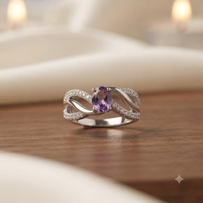 Bypass Amethyst Ring 925 Sterling Silver Jewelry with Oval Purple Amethyst