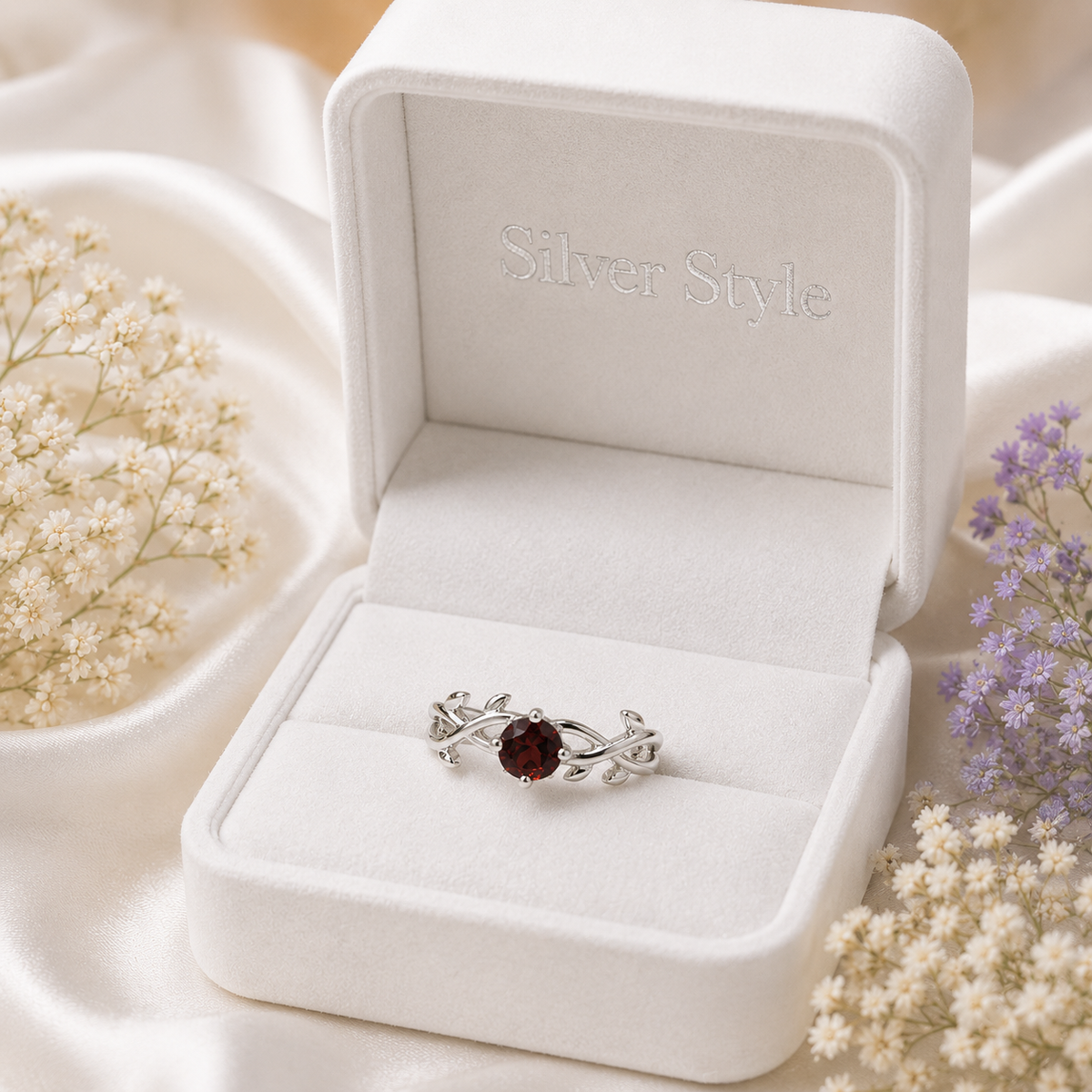 Red Garnet Nature Inspired Leaf Ring in 925 Sterling Silver