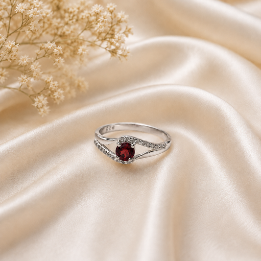 Red Garnet Split Shank Ring in 925 Sterling Silver