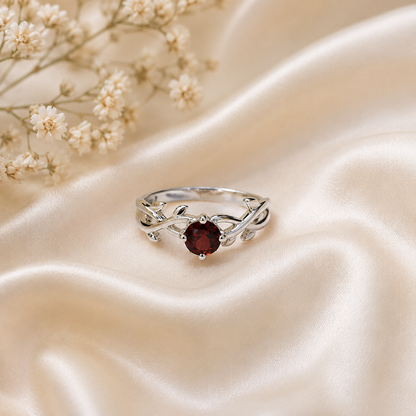 Red Garnet Nature Inspired Leaf Ring in 925 Sterling Silver