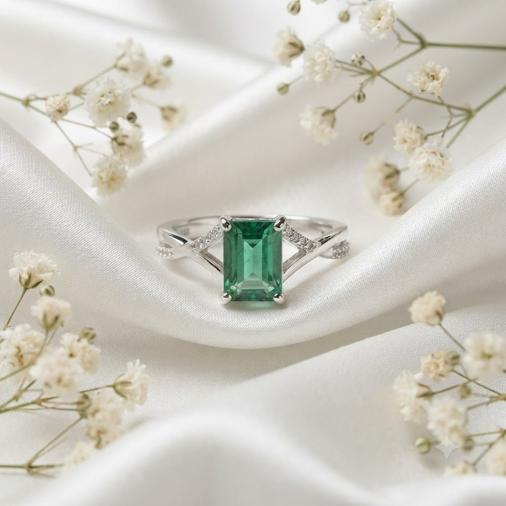 Emerald Solitaire Ring crafted in 925 Sterling Silver with a rectangular green Emerald gemstone.