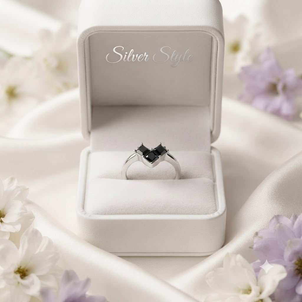 Cluster Black Onyx Ring in 925 Sterling Silver with Square Black Onyx Gemstones